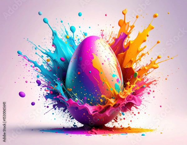 Fototapeta Vibrant Easter egg surrounded by splash of colorful paint, showcasing creativity and joy. dynamic colors create energetic and festive atmosphere, perfect for celebrations