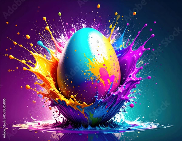 Fototapeta Vibrant Easter egg surrounded by splash of colorful paint creates stunning visual display, showcasing creativity and joy. dynamic colors evoke sense of excitement and celebration