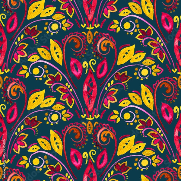 Fototapeta Seamless watercolor pattern. Bright ethnic floral ornament. Folk-inspired print for fabric and paper. Hand-drawn decorative texture.