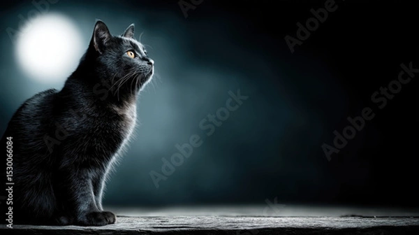 Fototapeta Black cat sitting on stone surface under full moon, night sky background, mysterious and calm atmosphere, feline gazing upward, soft moonlight highlights fur