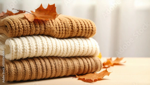 Fototapeta Stacked cozy knitted sweaters in beige and brown tones with autumn leaves on top, creating warm and inviting fall atmosphere on wooden table