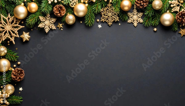 Fototapeta Christmas decoration gold pine ornament festive holiday background celebration winter Christmas decoration with gold ornaments pine branches and festive elements black background creating joyful
