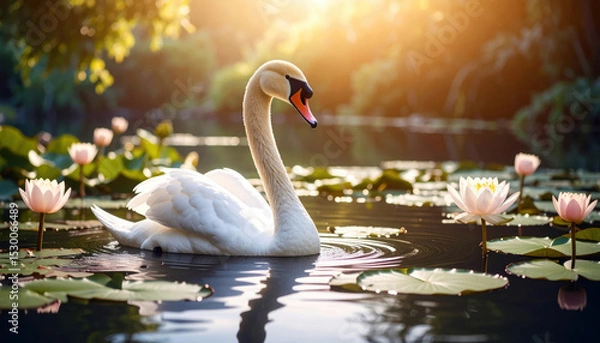 Fototapeta Elegant white swan gliding gracefully on tranquil pond surrounded by blooming pink lotus flowers and green lily pads, with warm sunlight creating peaceful, serene atmosphere