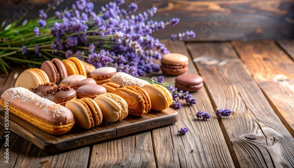 Fototapeta Assorted macarons, eclairs, and pastries arranged on wooden board with lavender flowers in background, creating rustic and elegant dessert scene