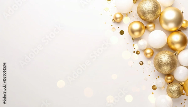 Fototapeta Gold, white, and glittery Christmas ornaments with festive confetti on light background create joyful and elegant holiday celebration scene
