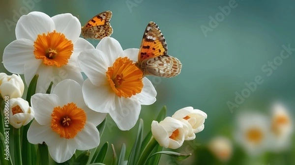 Fototapeta Butterflies resting on white narcissus flowers with orange centers in spring garden, close-up macro, natural blurred background, fresh floral scene, nature pollinator concept