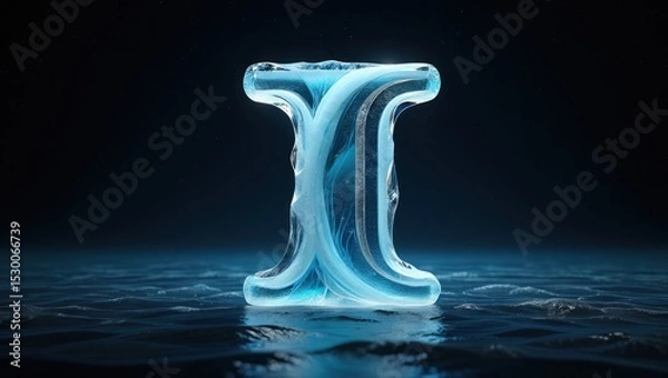 Fototapeta Abstract Ice Sculpture Floating on Water Under a Starry Night Sky - Fantasy Ice Art Digital Creation with Blue Tones and Dreamlike Atmosphere, Letter i