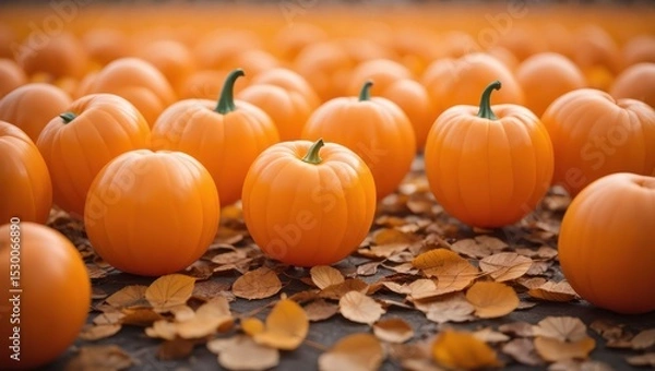 Fototapeta Autumn Harvest: A Sea of Smooth Orange Pumpkins Nestled Amongst Fallen Leaves, Celebrating Fall & Thanksgiving, Perfect for Seasonal Greetings (AI Generated)