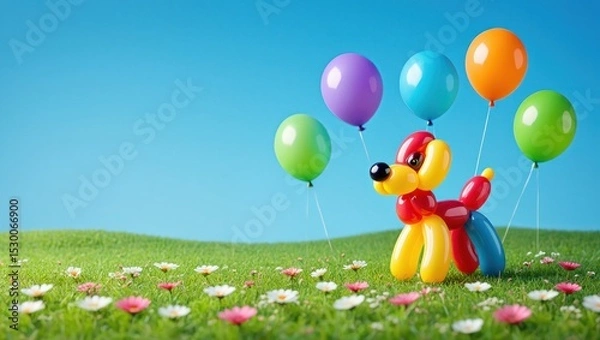 Fototapeta Balloon Animal Dog on Meadow with Flowers and Colorful Balloons Against a Blue Sky Background - Playful Celebration, Party, Joy, Childhood Theme