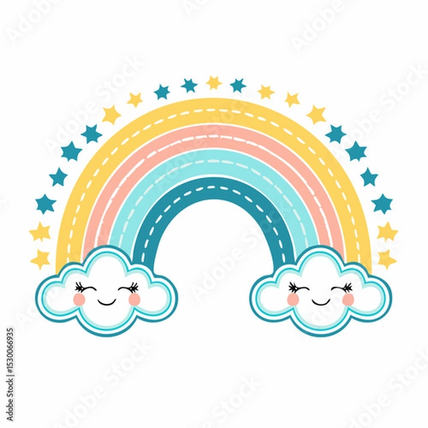 Fototapeta Vector drawing of a Rainbow with clouds and stars for baby shower invitations or newborn greeting cards.