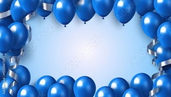 Fototapeta Blue Balloons and Silver Ribbon Frame Background - Party Celebration, Birthday Greeting, Festive Decoration, Elegant Design Element
