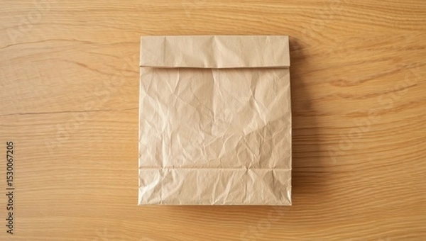 Fototapeta Brown Paper Bag on Wooden Table - Grocery, Lunch, Takeaway Packaging, Rustic Background, Eco-Friendly, Sustainable, Copy Space, Food Delivery, Craft
