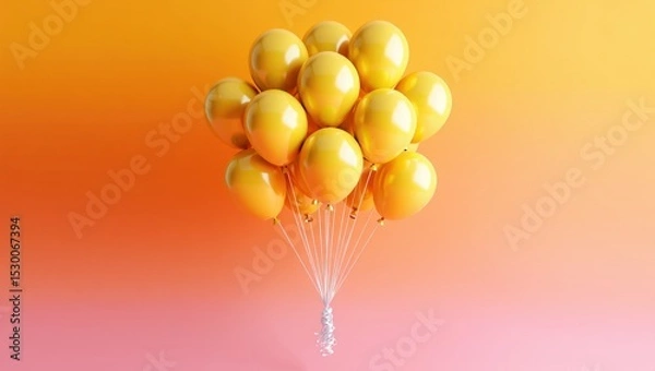 Fototapeta Bunch of Shiny Yellow Balloons on a Warm Gradient Background, Festive Celebration Concept, Birthday Party Decor, Anniversary, Event, Copy Space