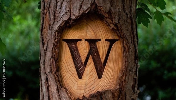 Fototapeta Carved Letter W in Tree Trunk: Rustic Wood Texture with Green Foliage Background - Nature Inspired Alphabet Symbol for Branding & Design