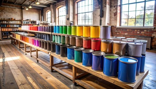 Fototapeta Vibrant palette of paint barrels showcases spectrum of colors, each representing hues of industrial creativity and craftsmanship in spacious workshop