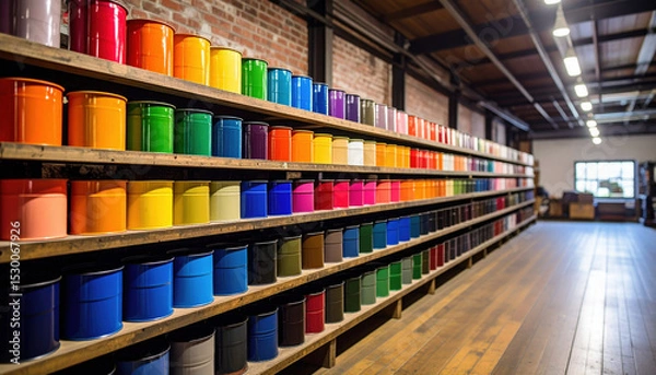 Fototapeta Vibrant palette of paint barrels, each showcasing spectrum of colors, lines shelves in industrial setting, creating lively and artistic atmosphere
