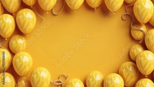 Fototapeta Cheerful Yellow Balloons Border on Sunny Background - Party Celebration, Festive Decoration, Birthday Greeting, Anniversary Card, Copy Space, Event Invitation