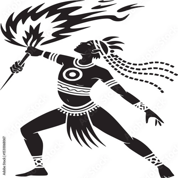 Fototapeta Stylized black silhouette of a tribal figure holding a flaming torch with decorative elements and headdress