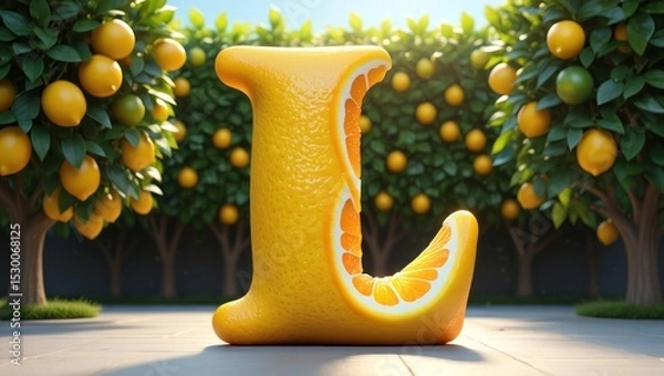 Fototapeta Citrus Letter L in Orchard - Fresh Orange Fruit Alphabet, Vitamin C, Healthy Eating, Summer Harvest, Artistic Food Design, Bright Colors, Creative Typography