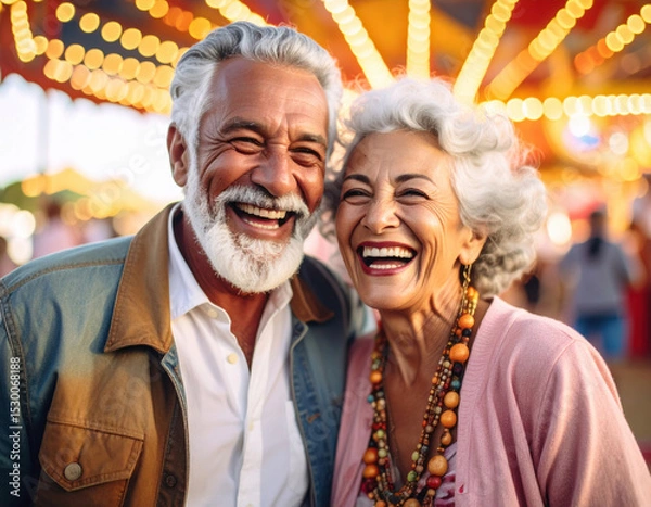 Fototapeta Vibrant scene of joy unfolds as cheerful gray haired couple smiles widely, their eyes crinkling with happiness under colorful lights