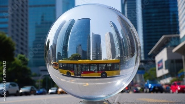 Fototapeta Cityscape Reflection in Crystal Ball: Modern Architecture, Urban Transport, and a Unique Perspective on City Life in a Global Hub