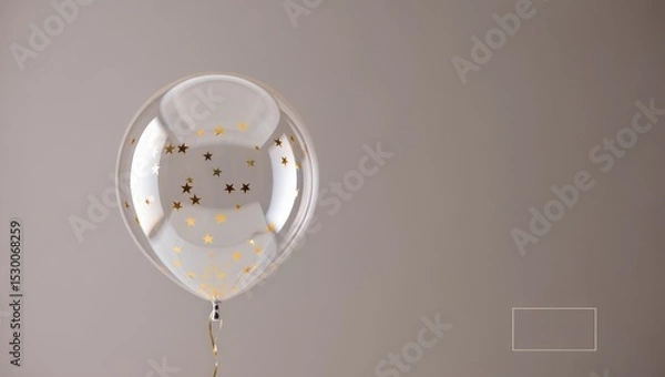 Fototapeta Clear Balloon with Golden Stars Confetti on Beige Background - Celebration, Anniversary, Birthday, Party - Festive Decoration and Copy Space