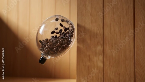 Fototapeta Coffee Beans in Clear Glass Container with Dynamic Splash and Wooden Background - Fresh Brew, Aroma, and Caffeine Concept