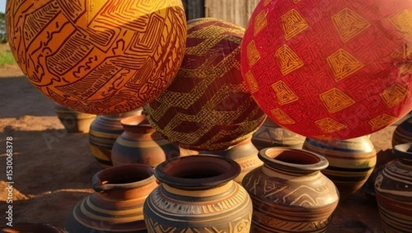 Fototapeta Colorful African Pottery Display: Traditional Art and Craftsmanship Featuring Handcrafted Clay Pots and Decorative Spheres with Intricate Tribal Patterns