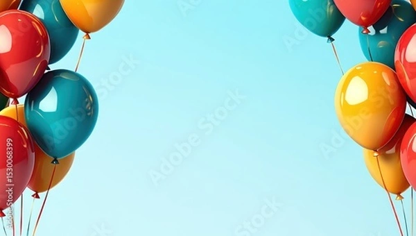 Fototapeta Colorful Balloon Frame on Light Blue Background - Celebration, Party, Birthday, Anniversary, Festive Decoration - Graphic Design Element, Illustration