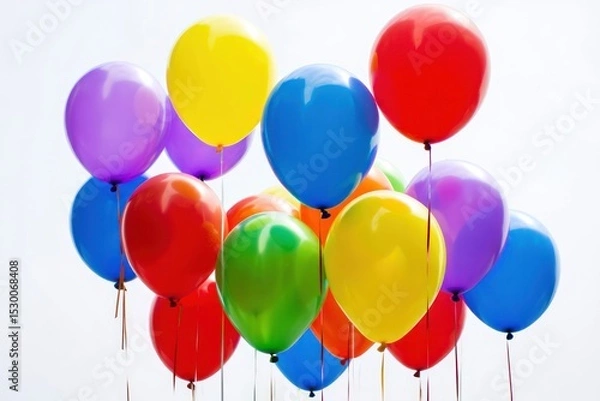 Fototapeta Colorful Balloon Bunch Against Bright Sky: Celebration, Party, Joy, and Festive Occasion Symbolism with Red, Blue, Yellow, Purple and Green Balloons