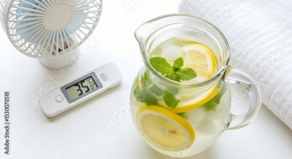 Fototapeta Refreshing summer setup with jug of lemon water, fan, and thermometer showing 35°C. Concept of extreme heat, hydration, cooling down, and staying healthy during hot weather at home.