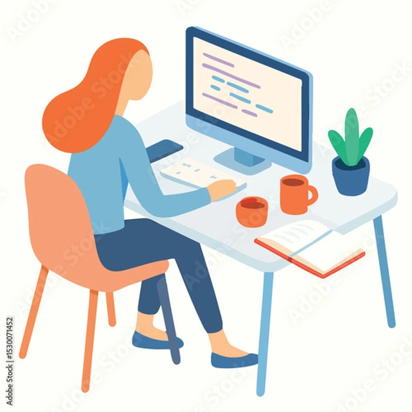 Fototapeta Minimalist Illustration Woman Coding at Desk with Computer and Plant