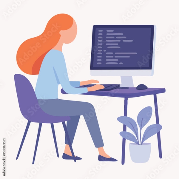 Fototapeta Flat Illustration Woman Working on Computer at Desk Indoor