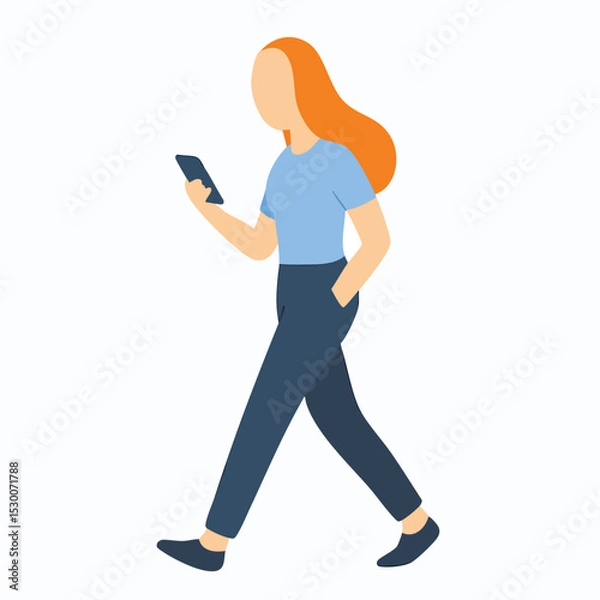 Fototapeta Flat Style Walking Woman Using Mobile Phone Character Illustration