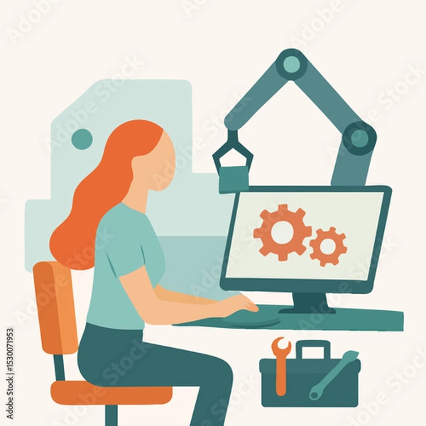 Fototapeta Flat Illustration of a Female Engineer Working on a Robotic Arm Project