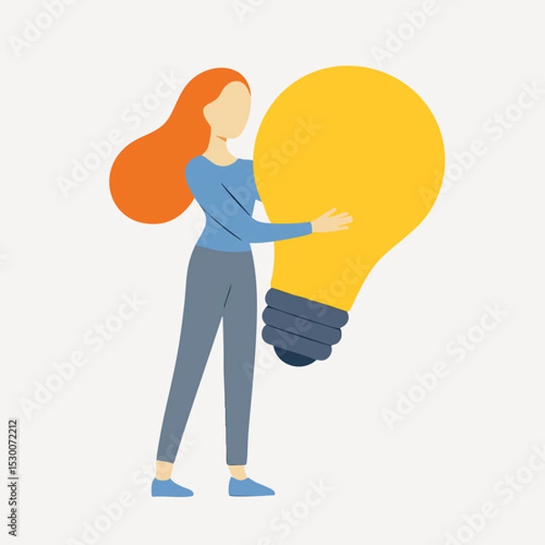 Fototapeta Flat Style Girl Embracing a Light Bulb Representing a Bright Idea
