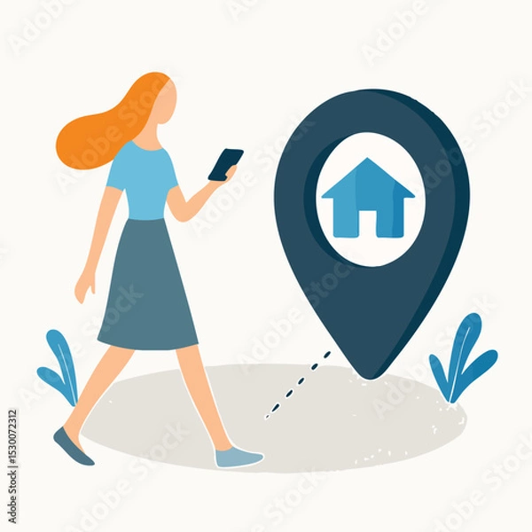 Fototapeta Flat Style Woman Walking with Phone Beside Location Pointer Real Estate