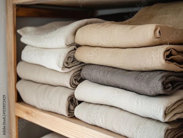 Fototapeta Folded Linen Fabrics on Wooden Shelf Displaying Neutral Earth Tone Colors