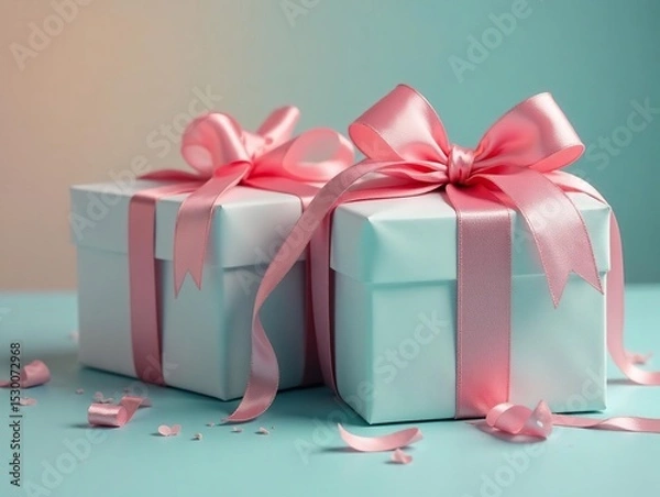 Fototapeta Softly lit, shiny gift boxes with satin ribbons , texture, giftwrap, green