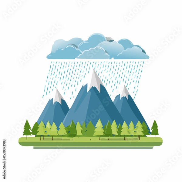 Fototapeta Rainy weather scene with snow-capped mountains and lush forest.