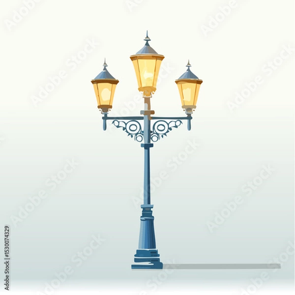 Fototapeta Illustration of a blue vintage street lamp with three glowing lanterns on a white background.