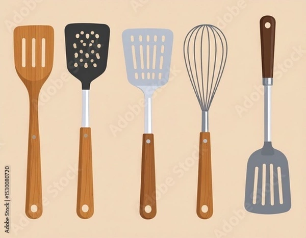 Fototapeta Different Types Of Kitchen Utensils On Beige Background