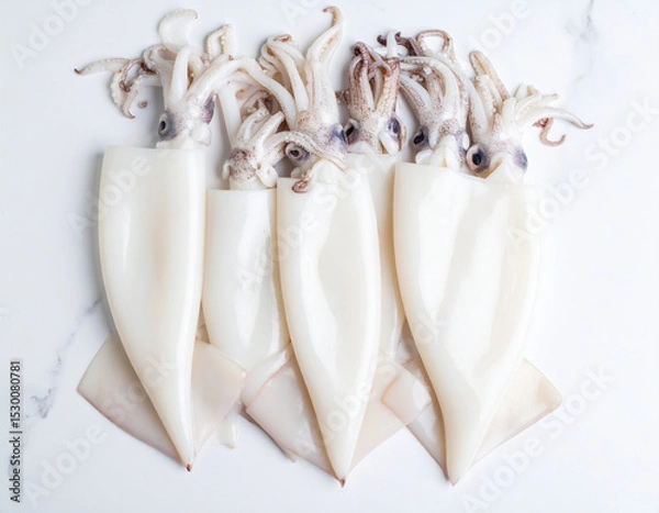 Fototapeta AI generated top view of fresh whole splendid squid with glossy skin and delicate tentacles arranged neatly showcasing premium seafood against clean white background