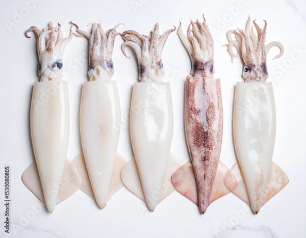 Fototapeta AI generated top view of fresh whole splendid squid with glossy skin and delicate tentacles arranged neatly showcasing premium seafood against clean white background