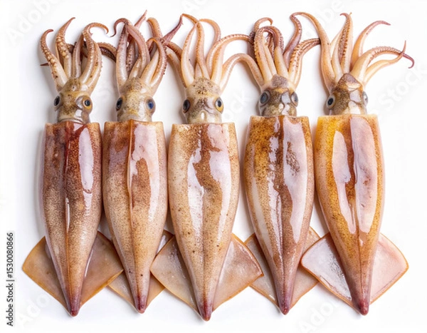 Fototapeta AI generated top view of fresh whole splendid squid with glossy skin and delicate tentacles arranged neatly showcasing premium seafood against clean white background