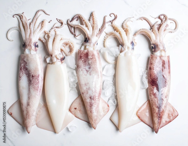 Fototapeta AI generated top view of fresh whole splendid squid with glossy skin and delicate tentacles arranged neatly showcasing premium seafood against clean white background