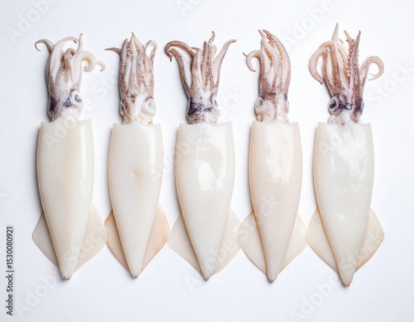 Fototapeta AI generated top view of fresh whole soft cuttlefish with smooth skin and distinctive shape arranged neatly showcasing premium seafood against clean white background