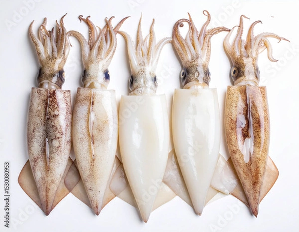 Fototapeta AI generated top view of fresh whole soft cuttlefish with smooth skin and distinctive shape arranged neatly showcasing premium seafood against clean white background