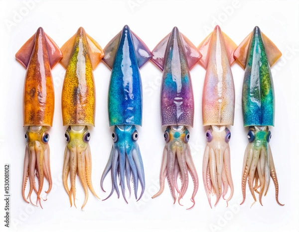 Fototapeta AI generated top view of fresh whole rainbow cuttlefish with iridescent skin and distinctive bone structure arranged neatly showcasing exotic seafood against clean white background