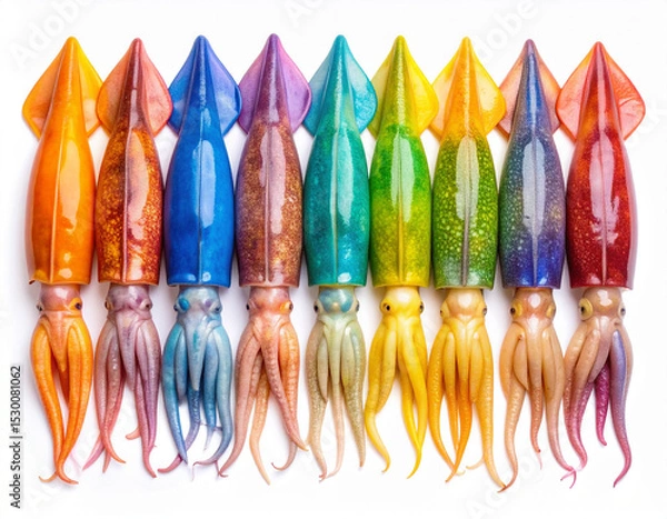 Fototapeta AI generated top view of fresh whole rainbow cuttlefish with iridescent skin and distinctive bone structure arranged neatly showcasing exotic seafood against clean white background